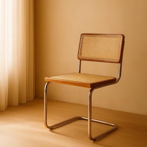 Puede incluir: Silla de estilo retro con asiento y respaldo de mimbre. La silla tiene un marco de madera y una base de acero cromado. El fondo es neutro, con una cortina a la izquierda.
