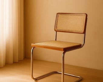 Pode incluir: Cadeira de estilo retro com assento e encosto em palhinha. A cadeira tem uma estrutura de madeira e uma base de aço cromado. O fundo é neutro, com uma cortina à esquerda.