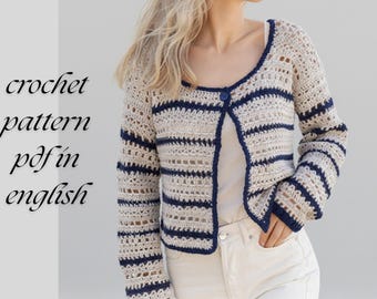 Patroon denim en parel gehaakt jasje - boho vest van bovenaf - gestreepte damestrui