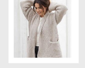 Gebreid tweedjack met textuur en zakken Oversized damesvest mossteektrui Breipatroon