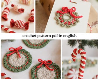 4-in-1 kersthaakpatroonbundel pdf | Snoepgoed, pepermuntsnoepjes, kerstkrans en ornamentonderzetters