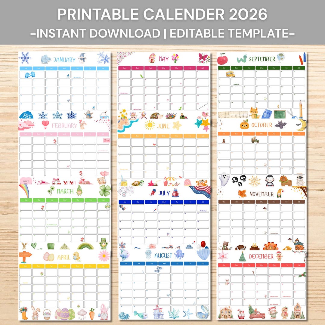 Kinder Kalender 2026 zum selbst ausdrucken, 12 Monatskalender