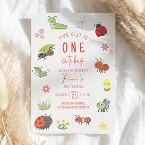 Cute Bug First Birthday Invitation Girl | Lady Bug, Insect, Garden Party | 1st Birthday Invite | Canva Template