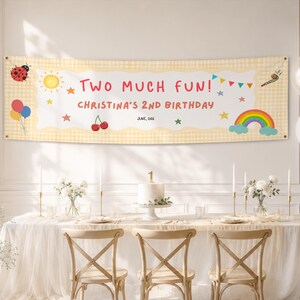 Puede incluir: Una pancarta de cumpleaños rectangular con un borde de cuadros vichy amarillos y un centro blanco. El texto dice "TWO MUCH FUN!" y "CHRISTINA'S 2ND BIRTHDAY" en rojo y naranja. Los gráficos incluyen una mariquita, sol, globos, cerezas y un arcoíris.
