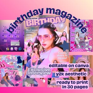 May include: A pink and purple magazine cover with the text "Birthday Girl" and "Exclusive Interview". The cover features a woman wearing pink heart-shaped sunglasses. Additional text includes "y2k aesthetic" and "ready to print in 30 pages".