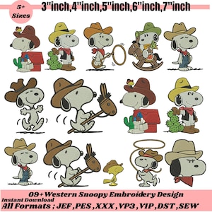 May include: A collection of Western-themed Snoopy embroidery designs. The designs feature Snoopy in various cowboy outfits, with a cactus, a rocking horse, and a lasso. The image includes text indicating sizes from 3 to 7 inches and the availability of multiple file formats.