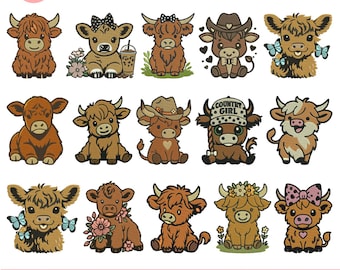 Diseños de bordado a máquina de vaca de las Highlands con diseño floral para bebés, lindos diseños de bordado de vaca de las Highlands, archivos Emb Pes de vaca de las Highlands con girasoles, 5+ tamaños para descargar
