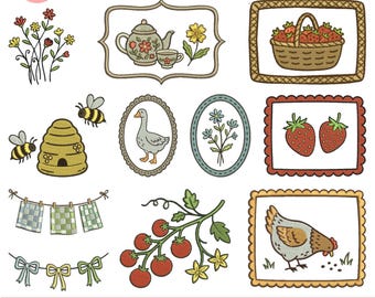 Diseños de bordado a máquina de iconos mini cottagecore, archivo de bordado de vida rural, mini bordado de granja, bordado de jardín de verano, Pes 5+Size, descarga