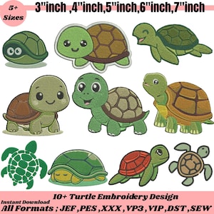Puede incluir: Diseños de bordado de tortugas en varios tamaños, de 7,6 cm a 17,8 cm. Los diseños presentan tortugas de dibujos animados en diferentes poses. El texto "10+ Turtle Embroidery Design" y "Instant Download" también está presente.