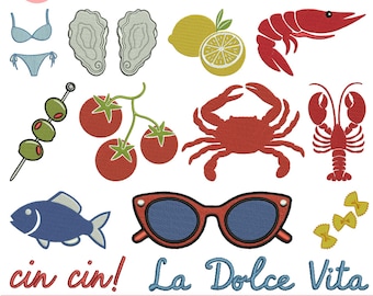 Diseños de bordado a máquina de iconos de verano italianos, pescadores de Oastal, bordados marinos, iconos de playa de la costa este, patrones, archivos PES, 5+ tamaños, descargas.