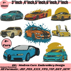 May include: An embroidery design featuring various modern car illustrations. The image includes a teal sedan, a red sports car with flames, a yellow sports car, a beige SUV, an orange sports car, a yellow car with doors open, a blue and black car, and a teal sports car. The design offers 5+ sizes.
