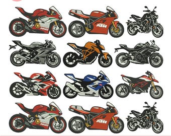 Diseños de bordado a máquina de bicicletas, bordado de motos deportivas, bordado de motocicletas vintage con motos retro clásicas, archivo PES, 5+ tamaños para descargar.