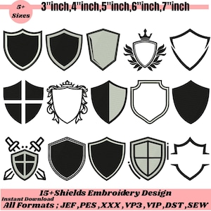 Puede incluir: Una colección de 15 diseños de bordado de escudos en varias formas y estilos, incluyendo versiones sólidas, delineadas y con crestas. El texto en la parte superior dice 3 inch, 4 inch, 5 inch, 6 inch, 7 inch. El texto en la parte inferior dice 15+ Shields Embroidery Design.