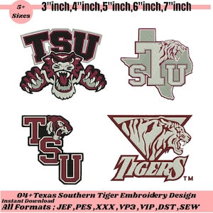 May include: Four embroidered designs featuring the text "TSU" and "SLU", and tiger mascots. The designs are in maroon, white, and grey. Sizes range from 7.6 to 17.8 cm.