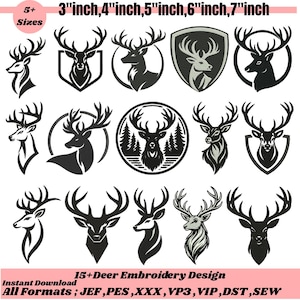 May include: A collection of 15+ deer embroidery designs in various styles, including silhouettes and detailed illustrations. Sizes range from 3 to 7 inches. The designs are available in multiple formats, as indicated in the image.