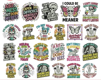 Diseños de bordado a máquina con frases sarcásticas de calaveras, humor negro, bordado gótico de calavera, cita divertida de esqueleto, patrón, archivo Pes, 5+ tamaños, descarga