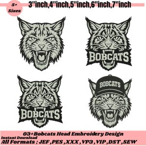 Puede incluir: Cuatro diseños de bordado de cabeza de lince en gris y blanco. Los linces tienen la boca abierta y los dientes visibles. Los diseños incluyen el texto "BOBCATS" y están disponibles en tamaños de 7,6 a 17,8 cm.