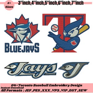 May include: Embroidered Toronto Blue Jays baseball designs. Includes logos with a blue jay bird, the word "BLUEJAYS", and the word "Jays". Available in sizes from 3 to 7 inches.