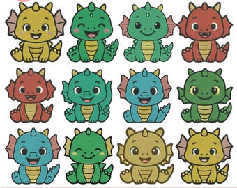 Diseños de bordado a máquina de dragón bebé, lindos diseños de bordado de dragón, bordado de dragón kawaii, patrón de cabeza de dragón, archivo PES, más de 5 tamaños, descargas