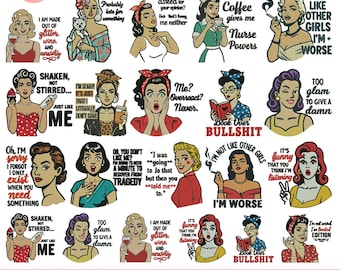 Paquete de diseños divertidos de amas de casa retro con bordado a máquina, bordados sarcásticos vintage para mujer, bordados retro para chica, más de 5 tamaños para descargar.