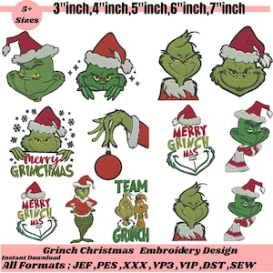 May include: A collection of Grinch Christmas embroidery designs. The designs feature the Grinch in various poses, wearing a Santa hat and red and white striped clothing. Sizes range from 3 to 7 inches. The text "Merry Grinchmas" is included in some designs.