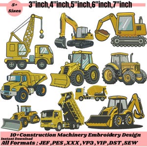 Op de afbeelding: Een verzameling gele borduurontwerpen van bouwmachines, waaronder een kraanwagen, graafmachine en dumper. De ontwerpen zijn verkrijgbaar in 5+ maten, variërend van 7,6 tot 17,8 cm. De tekst luidt "10+ Construction Machinery Embroidery Design".