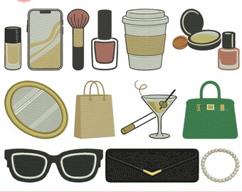 Diseño de bordado a máquina Manhattan Muse Mini: Martini, cigarrillo, bolso, perfume, perlas, gafas de sol, lápiz labial /NYC Classy Chic Pes Descargar