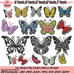 May include: A selection of butterfly embroidery designs in various colours and styles. The image includes butterflies with yellow, blue, red, and black details. Text at the top indicates sizes from 7.6 to 17.8 cm. The text at the bottom says "15+ Butterfly Embroidery Design".