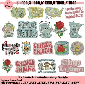 Op de afbeelding: Een verzameling geborduurde patches met verschillende ontwerpen en teksten, waaronder slogans als "ICE Kills" en "Chinga La Migra". De patches tonen afbeeldingen van rozen, vlinders en kaarten. De maten variëren van 7.6 cm tot 17.8 cm.