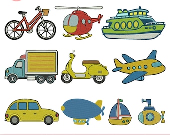 Diseños de bordado a máquina de vehículos: coches, camiones, motos. Archivos de bordado: patrón de bordado de avión, motocicleta. Archivo Emb Pes (más de 5 tamaños). Descargas.