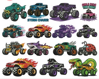 Diseños de bordado a máquina de Monster Truck, diseños de bordado de dinosaurios Monster Truck, archivo de bordado a máquina de T-Rex, archivo PES de Monster Trucks (más de 5 tamaños)