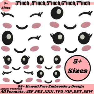 Puede incluir: Colección de diseños de bordado de caras Kawaii, incluyendo ojos, pestañas, bocas y mejillas. Los diseños están disponibles en varios tamaños, de 7,6 cm a 17,8 cm. La imagen también incluye el texto "5+ Tamaños" y "08+ Kawaii Face Embroidery Design".