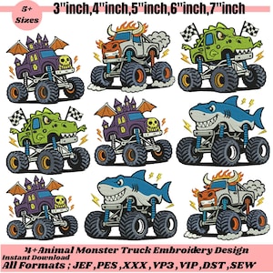 Puede incluir: Diseños de bordado de camiones monstruo coloridos. Los camiones presentan varios temas de animales, incluyendo un tiburón, un toro y un dragón. Tamaños de 7.6 a 17.8 cm. El diseño está disponible en múltiples formatos.