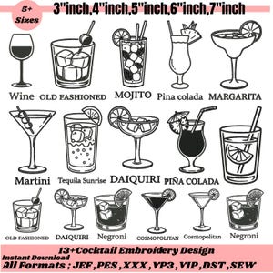 Diseños de bordado a máquina para cócteles, paquete de 13 mini cócteles bordados pequeños, Martini, Espresso, archivo Pes, tamaño 5+, descarga