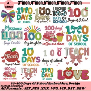 Könnte beinhalten: Eine Sammlung farbenfroher Stickdesigns zum Thema "100 Schultage". Designs beinhalten Schleifen, Äpfel und Texte wie "100 Schultage" und "Teach". Erhältlich in Größen von 7,6 bis 17,8 cm.