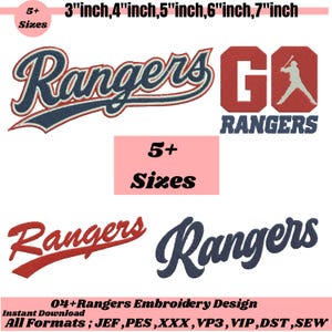 Può includere: Un file di ricamo digitale con la parola Rangers in corsivo blu navy e rosso, un logo rosso GO RANGERS con la sagoma di un giocatore di baseball e ulteriore testo Rangers in rosso e blu navy, disponibile in dimensioni da 7,6 a 17,8 cm.