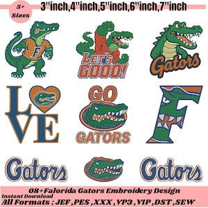 May include: A collection of Florida Gators embroidery designs. The designs include the team's mascot, the word "Gators", and the letters "L", "O", "V", and "E". The designs are available in multiple sizes, ranging from 3 to 7 inches.