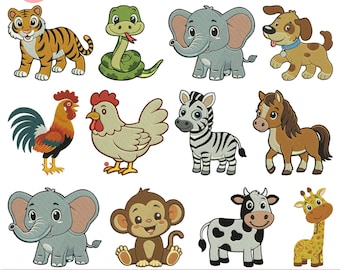 Diseño de bordado a máquina de animales lindos, bordado de animales de safari, bordado de animales del zoológico, patrón de bordado de animales bebés lindos de la jungla Pes5+Size