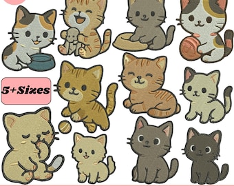 May include: A collection of 11 embroidered cat designs in various poses and colors, including tabby, calico, and solid gray cats. Text includes 3 inch, 4 inch, 5 inch, 6 inch, 7 inch, 5+ Sizes, and 11+ Cute Cat Embroidery Design All Formats.