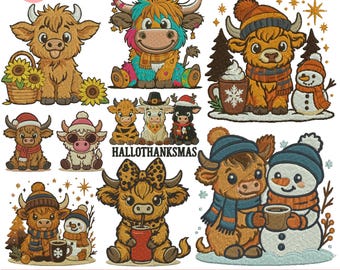 Diseños de bordado a máquina de vacas escocesas con motivos florales. Bordado de vaca escocesa invernal. Bordado de vaca bebé. Archivos PES bordados. Más de 3 tamaños. Descargas instantáneas.