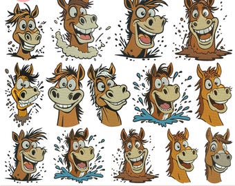 Diseño de bordado a máquina de caballo peculiar y divertido, bordado de caballo, bordado de cabeza de caballo, bordado de animal loco, dibujo animado de caballo, archivo Pes, tamaño 5+