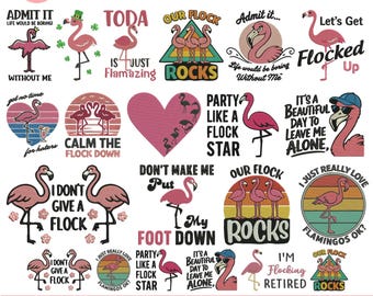 Diseños de bordado a máquina de flamencos, apliques florales de flamencos, bordado de flamencos divertidos, bordado de flamencos locos, archivo PES, más de 5 tamaños.