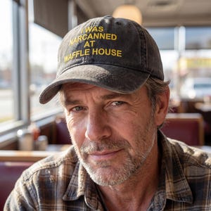 May include: A gray baseball cap with the text "I WAS NARCANED AT WAFFLE HOUSE" in yellow lettering. The cap is worn by a person in a plaid shirt, seated in a diner setting.