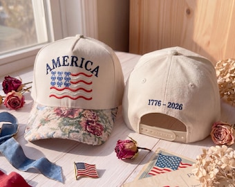1776-2026 America Floral Bill Embroidered Baseball Cap - Coquette Bow Flag Patriotic Hat