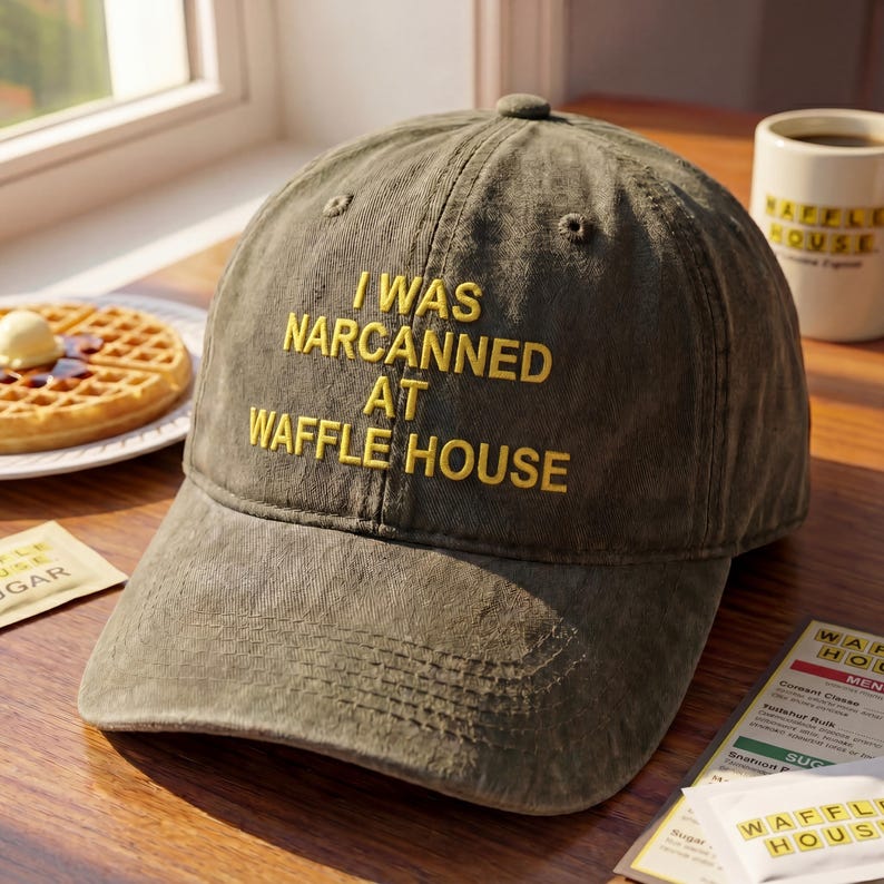 May include: A distressed olive green baseball cap with the text "I WAS NARCANNED AT WAFFLE HOUSE" embroidered in yellow. The cap is sitting on a wooden table next to a waffle and a coffee mug.