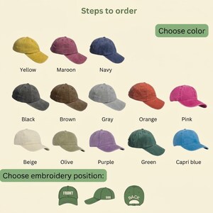 May include: A selection of baseball caps in various colors, including yellow, maroon, navy, black, brown, gray, orange, pink, beige, olive, purple, green, and capri blue. The image also shows embroidery position options: front, side, and back.