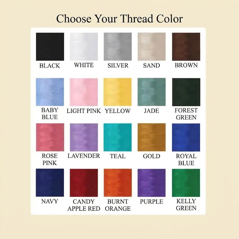 May include: A color chart with the text "Choose Your Thread Color" at the top. The chart displays a grid of thread color swatches, each labeled with a color name, including black, white, silver, and various shades of blue, pink, and green.