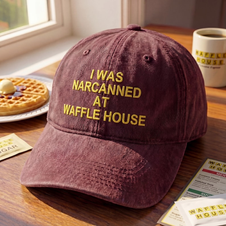 May include: A maroon baseball cap with the text "I WAS NARCANNED AT WAFFLE HOUSE" embroidered in yellow. The cap is sitting on a wooden surface near a window, with a waffle and a coffee mug in the background.