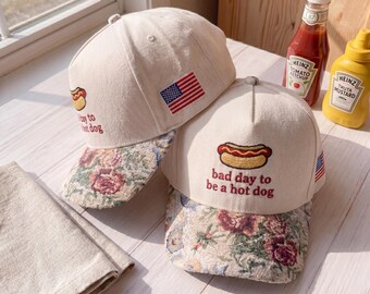 Bad Day to Be a Hot Dog Hat - Floral Bill Embroidered Trucker Hat 4th of July