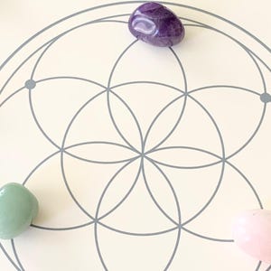 Può includere: Tre pietre preziose lucide: un'ametista viola, un'avventurina verde e un quarzo rosa, disposte su un tappetino color crema con un disegno geometrico grigio. Le pietre sono lisce e arrotondate, mostrando colori naturali.